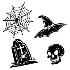Spooky halloween icons spiderweb witch hat tombstone skull symbols black
