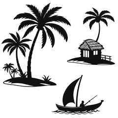 Tropical island scene palm trees hut boat sail