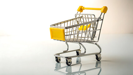 Miniature metal shopping cart with yellow accents on a reflective white surface