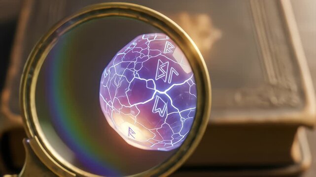 A magnifying glass reveals a glowing magical rune stone pulsing with energy and light, resting on an ancient book