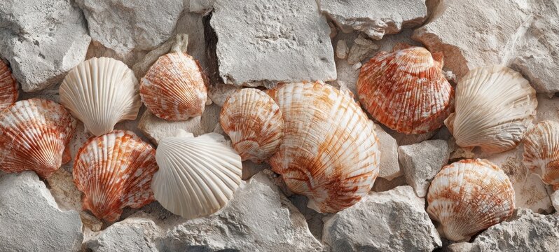 The Seashells Embedded in a Textured White Stone Wall with Natural Orange Accents