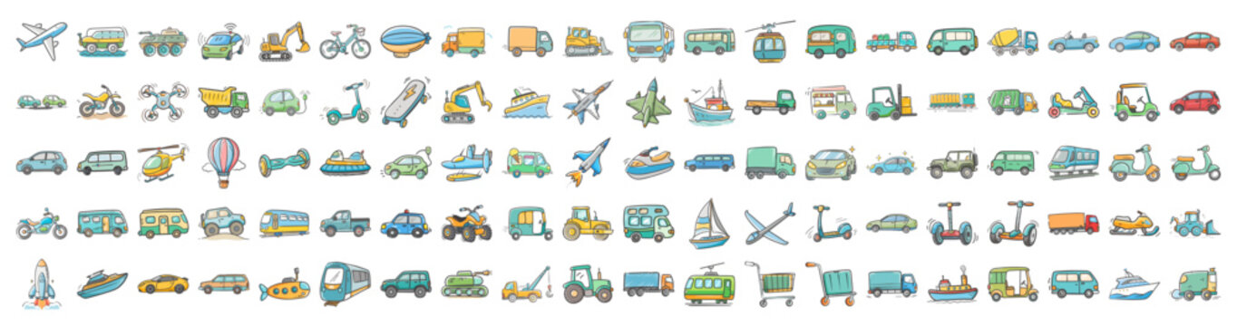 Hand drawn transportation and vehicle icons collection - Colorful set of hand drawn transport illustrations featuring cars, buses, airplanes, boats, and bicycles, perfect for travel, logistics