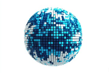 A sphere composed of many small, interlocking cubes in shades of blue and white.