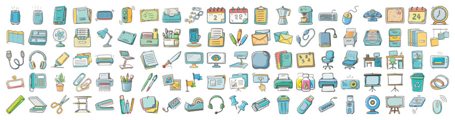 Hand drawn office and stationery icons collection - Set of colorful hand drawn office supply illustrations including books, calendars, pens, computers, and stationery items for school or workplace 