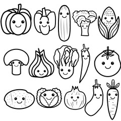 Cute vegetable doodle character with smile expressions and highlighted heart eyes, an outline black and white illustration set for stickers, emoji, and coloring books. 