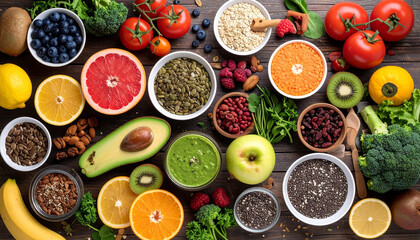 Flat Lay of a Variety of Nutritious Fruits and Vegetables on a Wooden Table