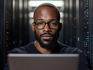Serious African American man working on laptop in server room at night