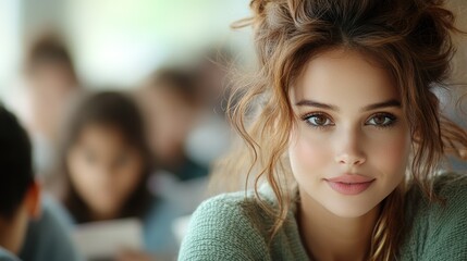 Close-up of an enthusiastic female teacher, smile reflecting passion and commitment while she interacts with students in an inspiring educational setting.