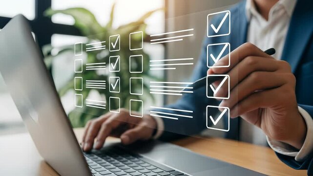 Business Man Checking Online Checklist with Laptop: Digital Workflow, Task Management, and Productivity Concept