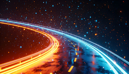 Futuristic curved road glowing with yellow and blue neon light trails on wet shiny surface surrounded by scattered orange and blue lights in dark abstract digital background
