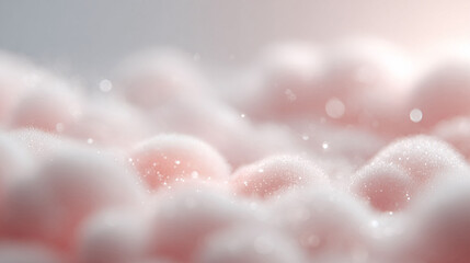 Fototapeta premium Dreamy and soft abstract background featuring pastel pink and white fluffy textures with sparkling light particles. Perfect for beauty, spa or romantic themes.