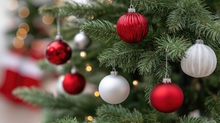 Obraz premium Decorated Christmas tree adorned with red and white ornaments glowing with festive lights during a holiday celebration