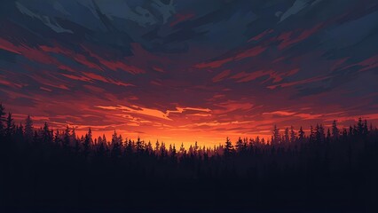 Fototapeta premium A dramatic and vibrant sunset sky with a fiery orange and red gradient over a dark silhouette of a forest treeline, creating an atmospheric and beautiful nature background