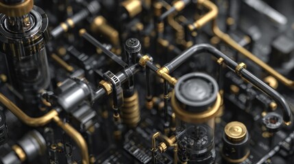 Intricate network of black and gold pipes, fittings, and cylinders in a complex industrial or mechanical arrangement