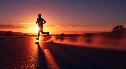 Silhouette Powerful Runner Athlete Jogging On The Road During Sunrise Scenery