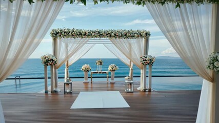 A stunning ceremony area adorned with flowers and drapes overlooking the ocean, creating a romantic atmosphere for a special event