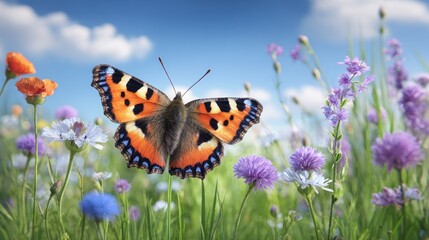Obraz premium Butterfly on a colorful flower field under a blue sky with clouds, creating a serene and vibrant natural scene