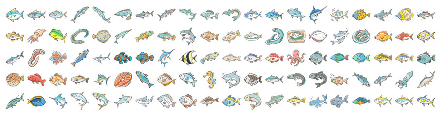 Colorful hand drawn fish icons collection - Set of hand drawn fish illustrations showing various marine species in bright colors, ideal for ocean themes, design, and education.