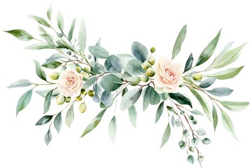 Fototapeta premium Watercolor floral frame / border - flowers and green leaves, for wedding stationary, 