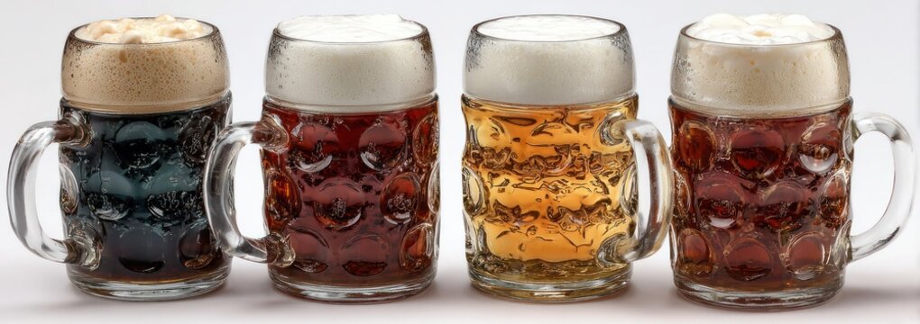 Four mugs with clear glass holding a dark to light gradation of beer with a foamy head sit in a row