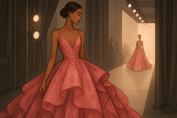 Elegant woman wearing flowing pink gown fashion runway illustration, glamorous evening dress with layered fabric, feminine beauty and luxury style concept, couture inspiration, confidence, sophisticat