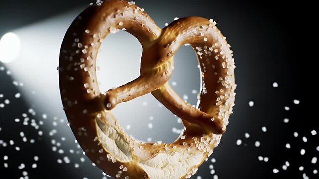 Close up Brown Pretzel Covered with Salt on Dark Background with Spot Light