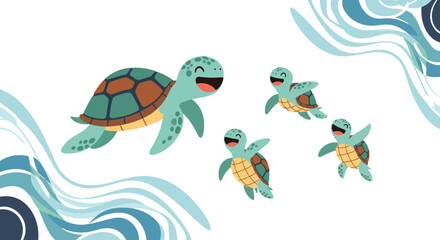 Charming family of sea turtles swimming gracefully through blue ocean waters with gentle waves