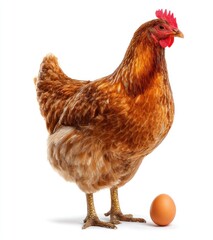 Fototapeta premium Brown hen standing beside a single brown egg, isolated against a white background, full view