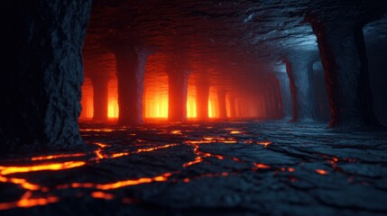 Hyper-Realistic Underground Sci-Fi Landscape with Lava Flow and Dramatic Lighting Effects