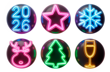 Collection of glowing neon icons in round shapes with 2026, star, snowflake, reindeer, Christmas tree, and champagne glass