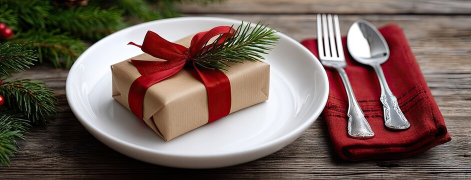 Festive wrapped gift placed on a white plate with cutlery and holiday decor on a wooden table during Christmas celebration - Powered by Adobe