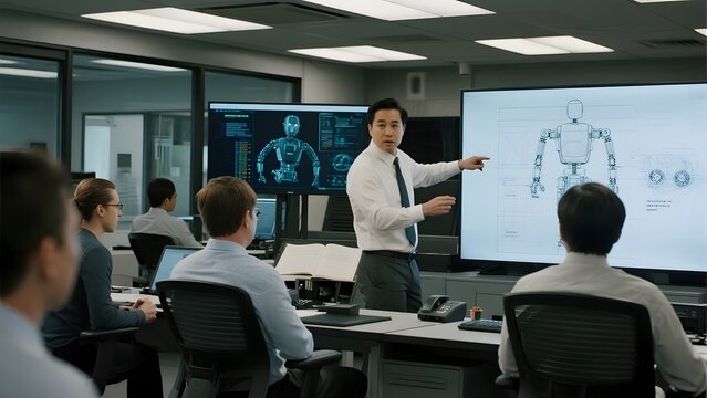 A presenter explains robotic designs to a group of professionals in a modern conference room.