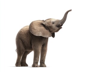 Obraz premium Young elephant with raised trunk on white background, looking up with open mouth, showcasing innocence and curiosity