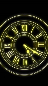 Animation of clock showing midnight and fireworks exploding on black background