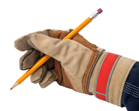 A gloved hand holds a yellow pencil. The glove is brown with a red stripe, suitable for work or construction tasks. The background is transparent.