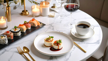 Romantic Dinner Setting with Sushi, Cheesecake, and Wine