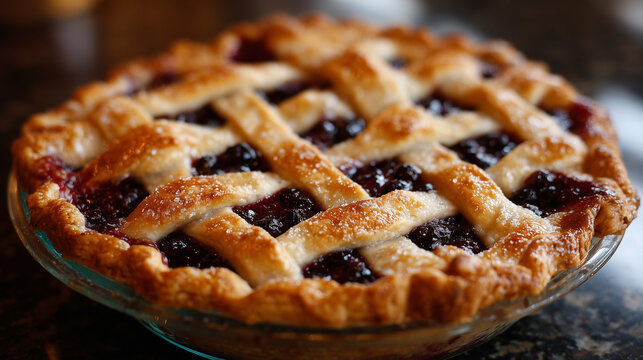 あたたかみのある光の中で美味しそうなベリーパイのクローズアップ、サクサクの網目模様のパイ生地と艶やかなフィリングが魅力的な写真
