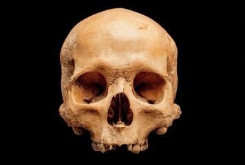 Obraz premium Close-up of a human skull, showcasing its intricate bone structure against a stark black background