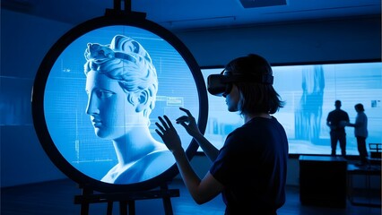 Person using VR headset to interact with a digital sculpture in a futuristic setting