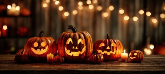Fototapeta premium The Jack-o'-lantern Pumpkins Glowing on a Rustic Wooden Table with Warm Candlelight