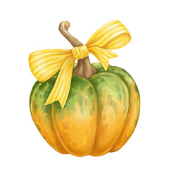 watercolor pumpkin with a bow. Cute watercolor illustration on a white background for textiles and wrapping paper. Hand-painted autumn harvest illustration