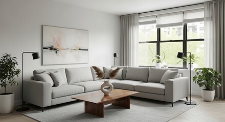 Cozy modern living room design with bookshelves and rug