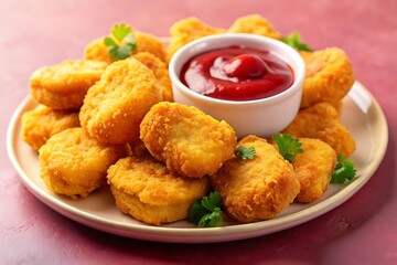 Golden chicken nuggets with red dipping sauce and parsley garnish on a plate fried chicken fast food