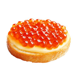 Baguette sandwich with butter and red caviar isolate on transparent white background