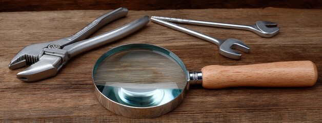 Tools laid out on a wooden surface including wrenches, pliers, and a magnifying glass, capturing a moment of investigation and repair work