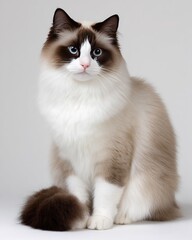 Ragdoll cat sitting. Features include blue eyes, white fur, brown points on head, tail, and paws. Soft lighting