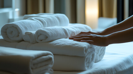 female spa staff member in a hotel carefully folds multiple white towels with both hands warmly lit room preparing for guest service attention detail and hospitality
