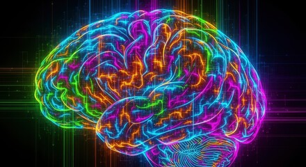 An abstract glowing human brain outlined with colorful neon circuits and digital lines on a dark background representing intricate neural networks
