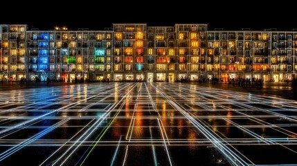 Obraz premium Long exposure showing colorful lights from a building reflecting on wet ground at night, creating a vibrant, urban scene