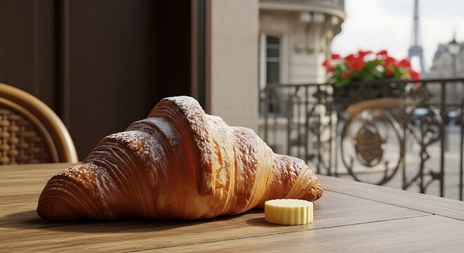 French croissant photo with golden flaky crust close up